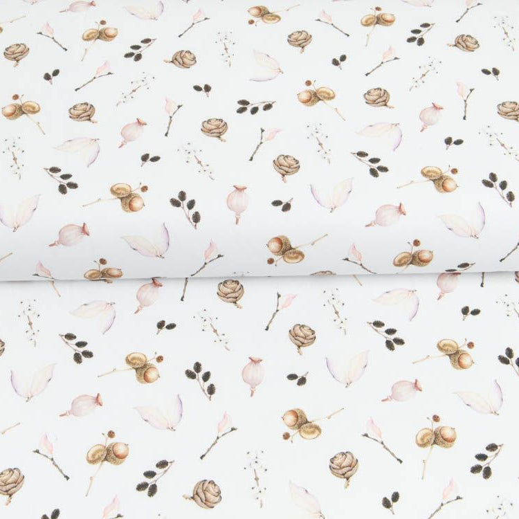 Webware Baumwolle Popeline Digitaldruck Mix Blaze Snoozy - Eicheln und Zweige - weiß