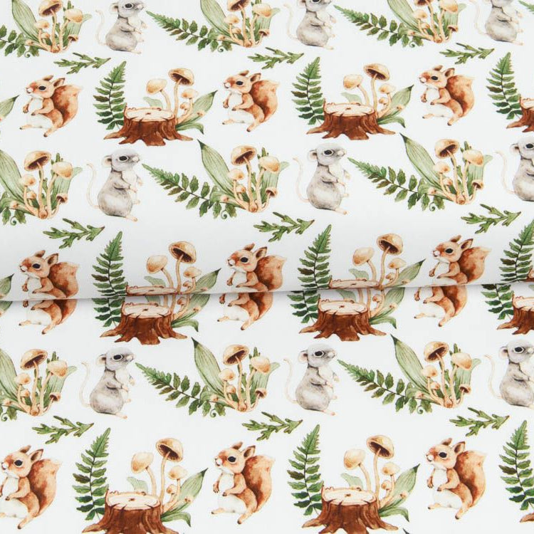 Webware Baumwolle Popeline Digitaldruck Mix Blaze Snoozy - Eichhörnchen und Pilze - weiß