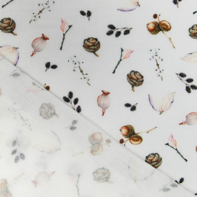 Musselin Double Gauze Digitaldruck Mix Blaze Snoozy - Eicheln und Zweige - weiß