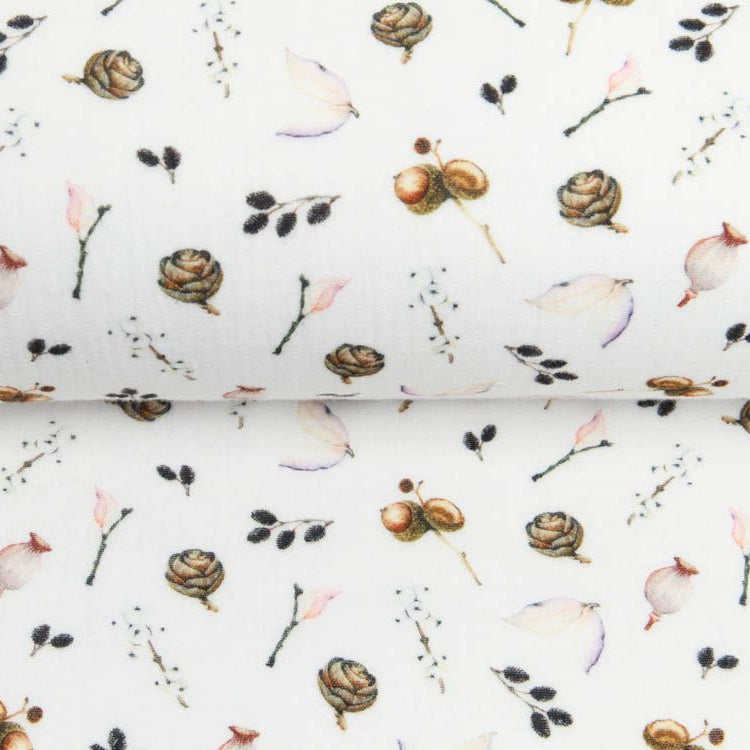 Musselin Double Gauze Digitaldruck Mix Blaze Snoozy - Eicheln und Zweige - weiß