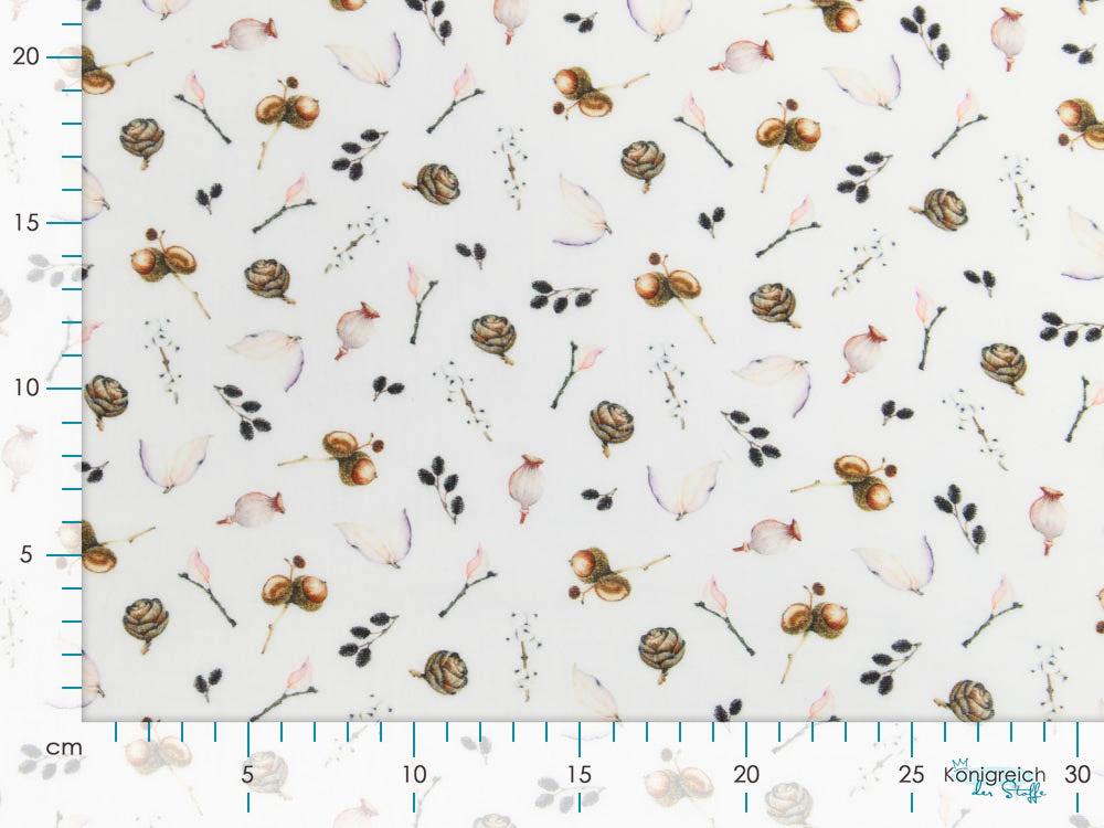 Musselin Double Gauze Digitaldruck Mix Blaze Snoozy - Eicheln und Zweige - weiß