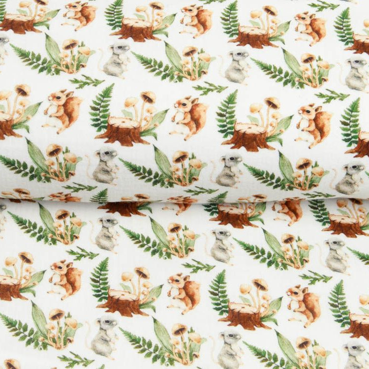 Musselin Double Gauze Digitaldruck Mix Blaze Snoozy - Eichhörnchen und Pilze - weiß