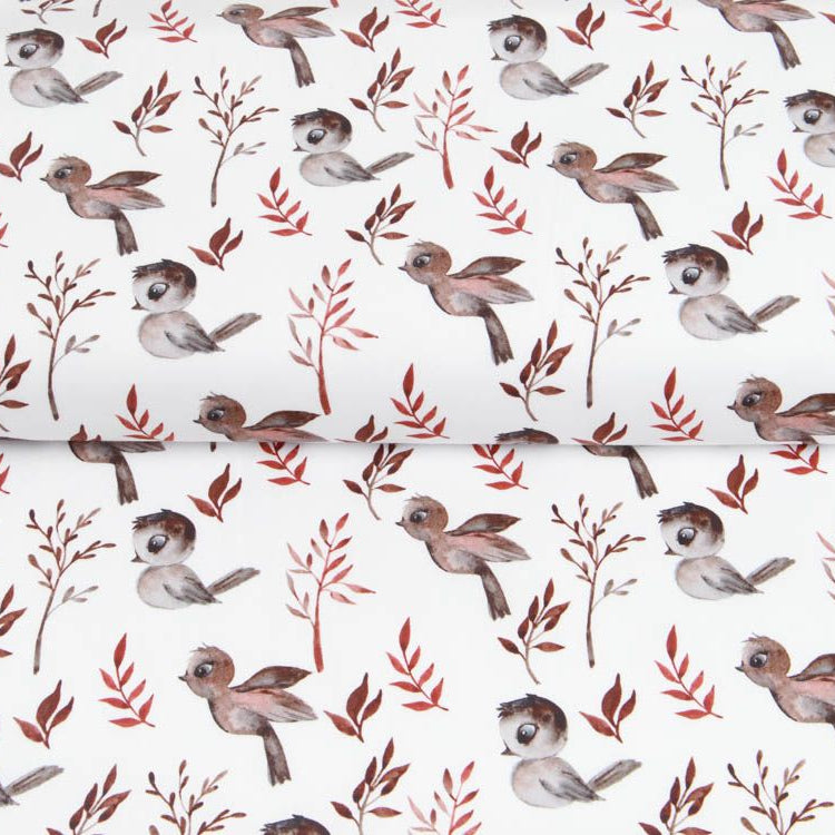 Webware Baumwolle Popeline Digitaldruck Mix Reed Snoozy - putzige Vögel und Zweige - weiß