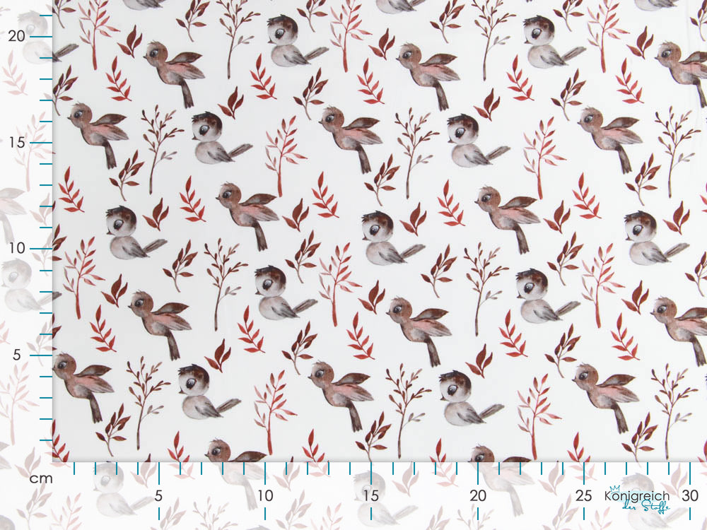 Webware Baumwolle Popeline Digitaldruck Mix Reed Snoozy - putzige Vögel und Zweige - weiß