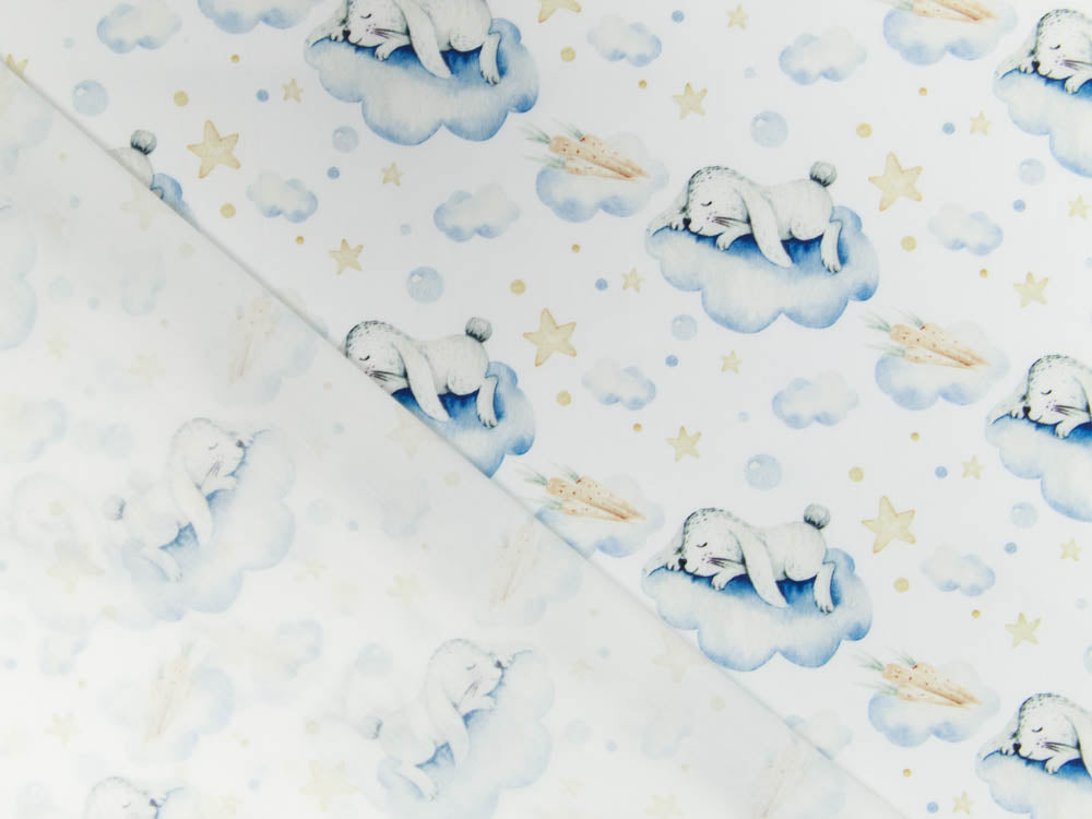 Webware Baumwolle Popeline Digitaldruck Mix Cloudy Snoozy - träumende Hasen auf Wolken - weiß