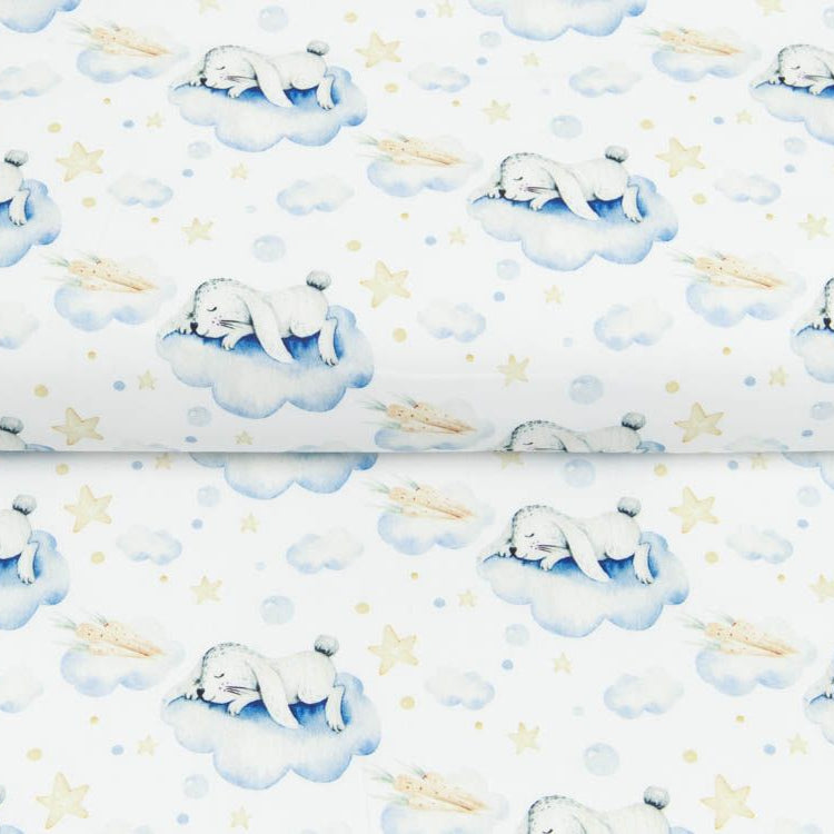 Webware Baumwolle Popeline Digitaldruck Mix Cloudy Snoozy - träumende Hasen auf Wolken - weiß