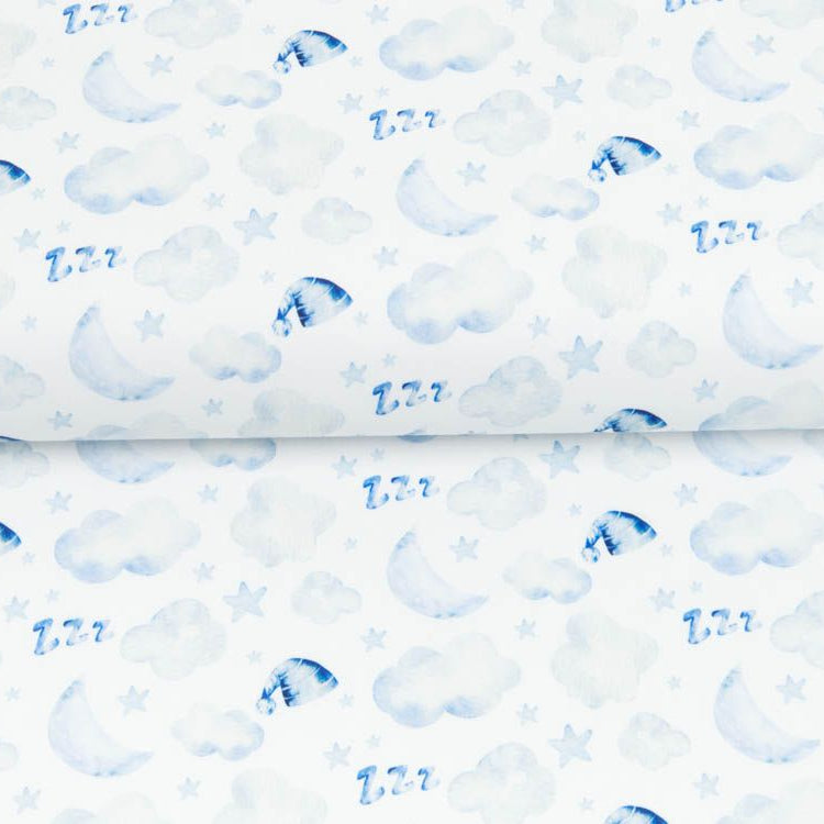 Webware Baumwolle Popeline Digitaldruck Mix Cloudy Snoozy - schlafende Wolken - weiß