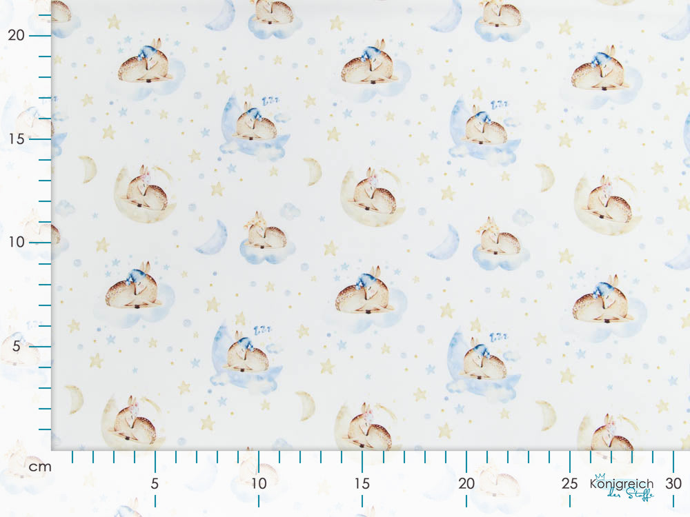 Webware Baumwolle Popeline Digitaldruck Mix Cloudy Snoozy - schlafende Rehe auf Wolken - weiß