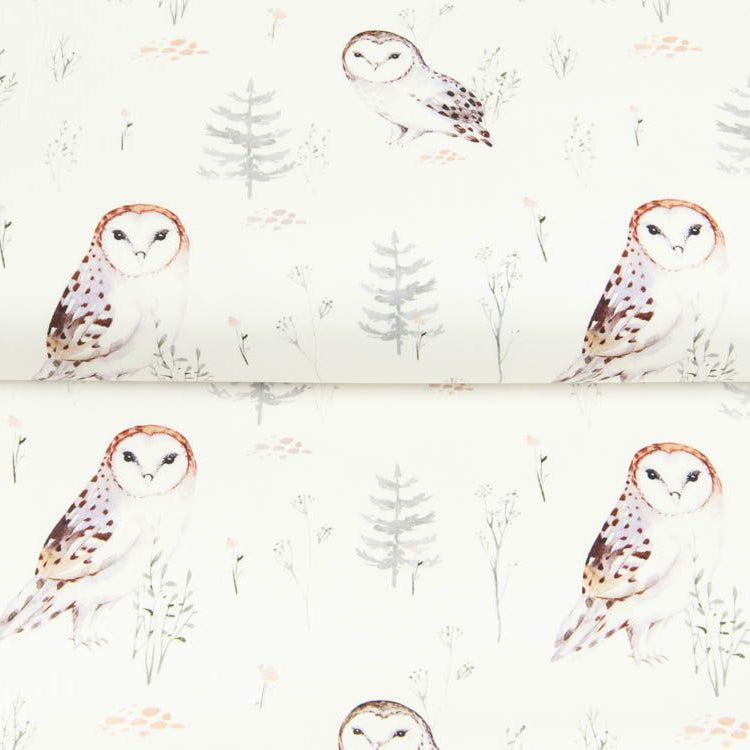 Webware Baumwolle Popeline Digitaldruck Mix Clay Snoozy - Schneeeulen und Bäume - weiß