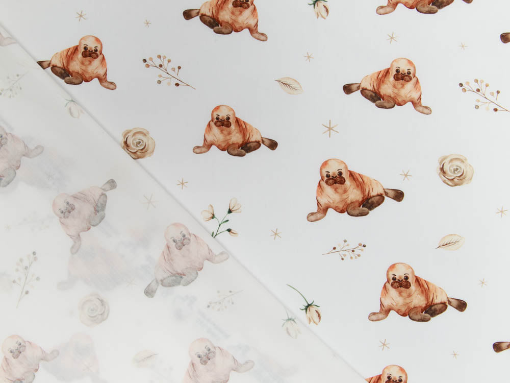 Webware Baumwolle Popeline Digitaldruck Mix Senna Snoozy - Walrosse - weiß