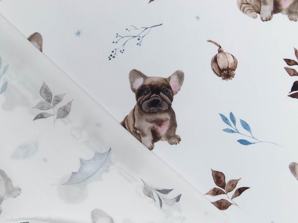 Webware Baumwolle Popeline Digitaldruck Mix Frenchie Snoozy - große Bulldoggen und Zweige - weiß