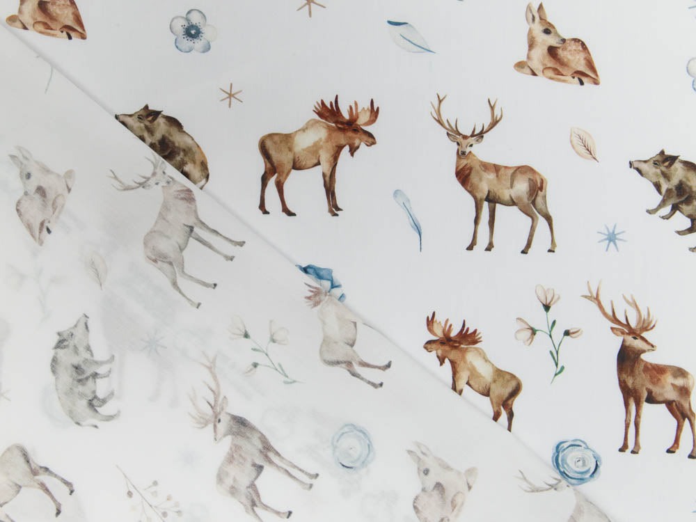 Webware Baumwolle Popeline Digitaldruck Mix Bluebell Snoozy - Rentiere - weiß