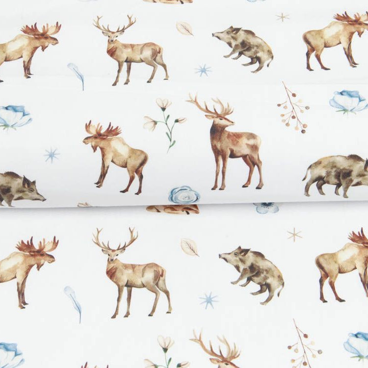 Webware Baumwolle Popeline Digitaldruck Mix Bluebell Snoozy - Rentiere - weiß