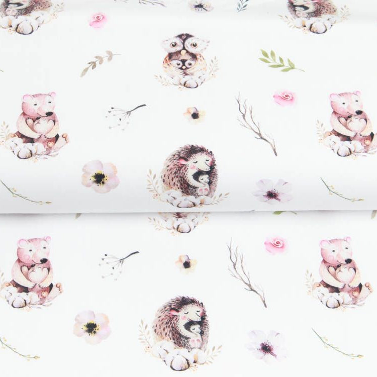 Webware Baumwolle Popeline Digitaldruck Mix Ayla Snoozy - Eulen und Bärenfamilien - weiß