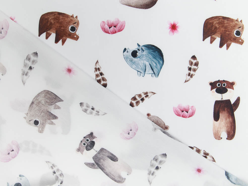 Webware Baumwolle Popeline Digitaldruck Mix Finn Snoozy - Bären und Wildschweine - weiß