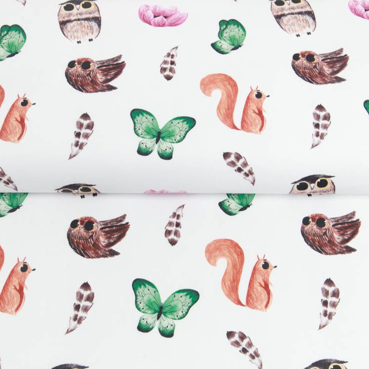 Webware Baumwolle Popeline Digitaldruck Mix Finn Snoozy - Eulen und Vögel - weiß