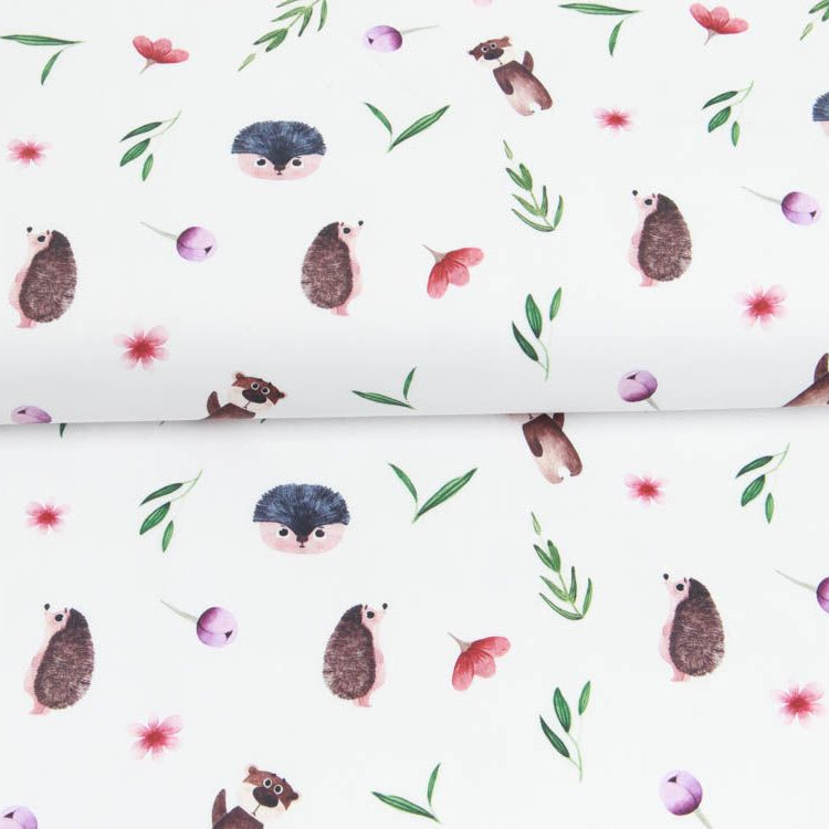 Webware Baumwolle Popeline Digitaldruck Mix Finn Snoozy - Bären und Igel - weiß