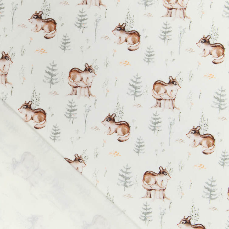 Jersey Digitaldruck Forest Friends Snoozy - Burunduk und Tannen - wollweiß