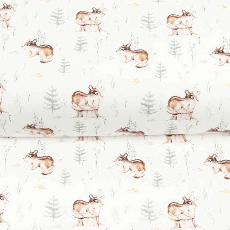 Jersey Digitaldruck Forest Friends Snoozy - Burunduk und Tannen - wollweiß