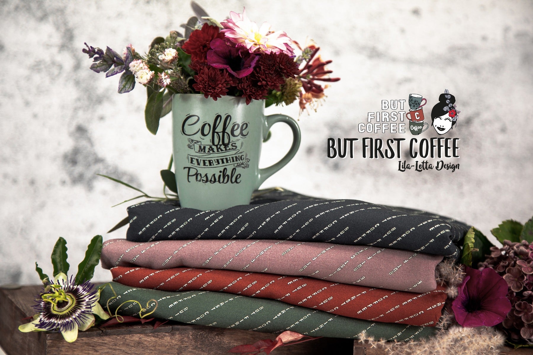 Webware Viskose Swafing But first Coffee by Lila-Lotta - Schriftzüge - "But First Coffee"