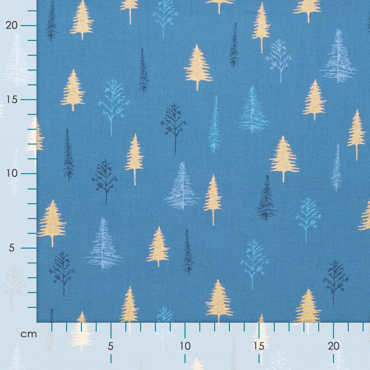Webware Baumwolle Popeline mit Foliendruck - Tannenbäume - Indigoblau