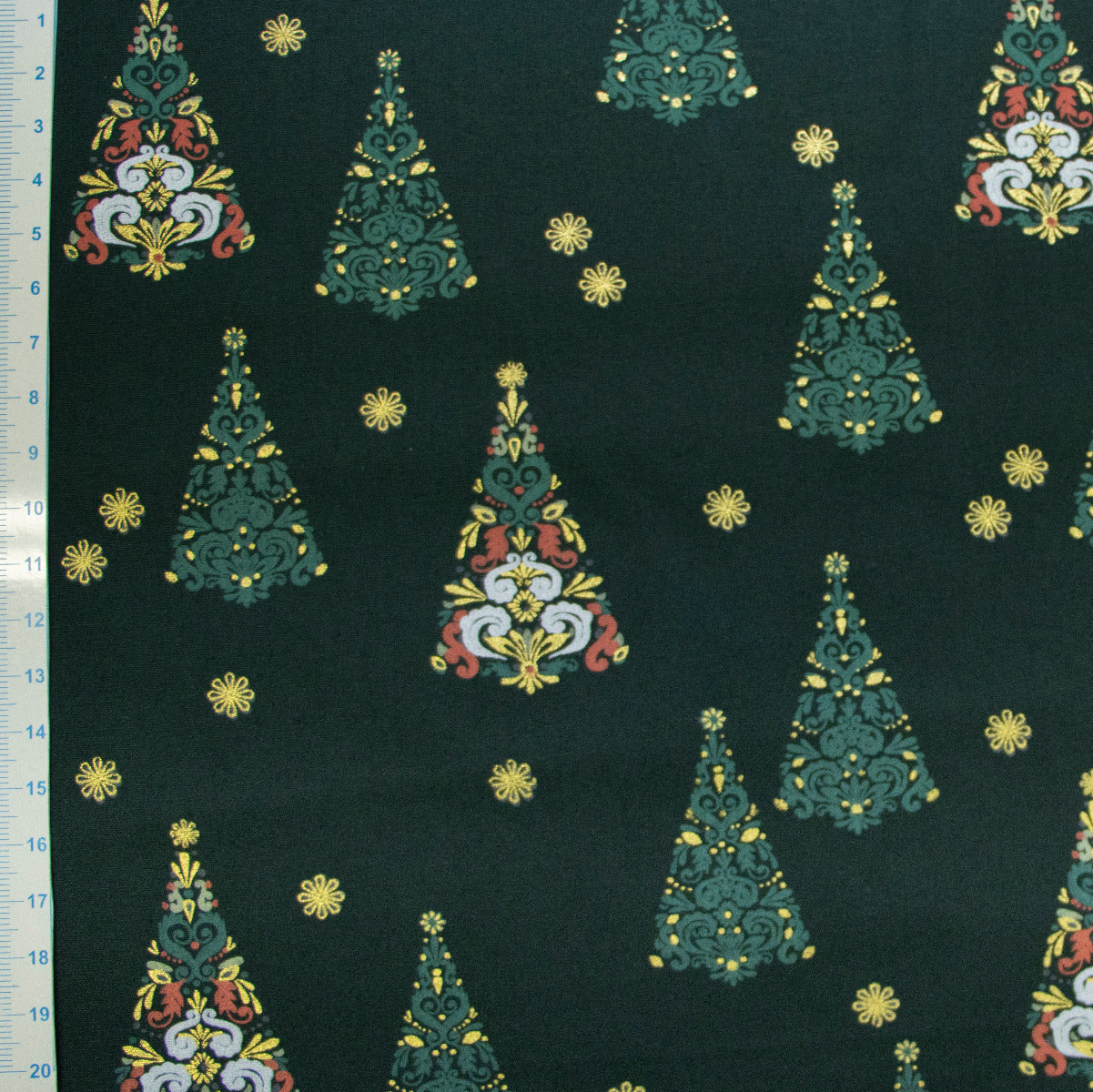 Webware Baumwolle Popeline mit Foliendruck - Tannenbäume - Dunkelgrün