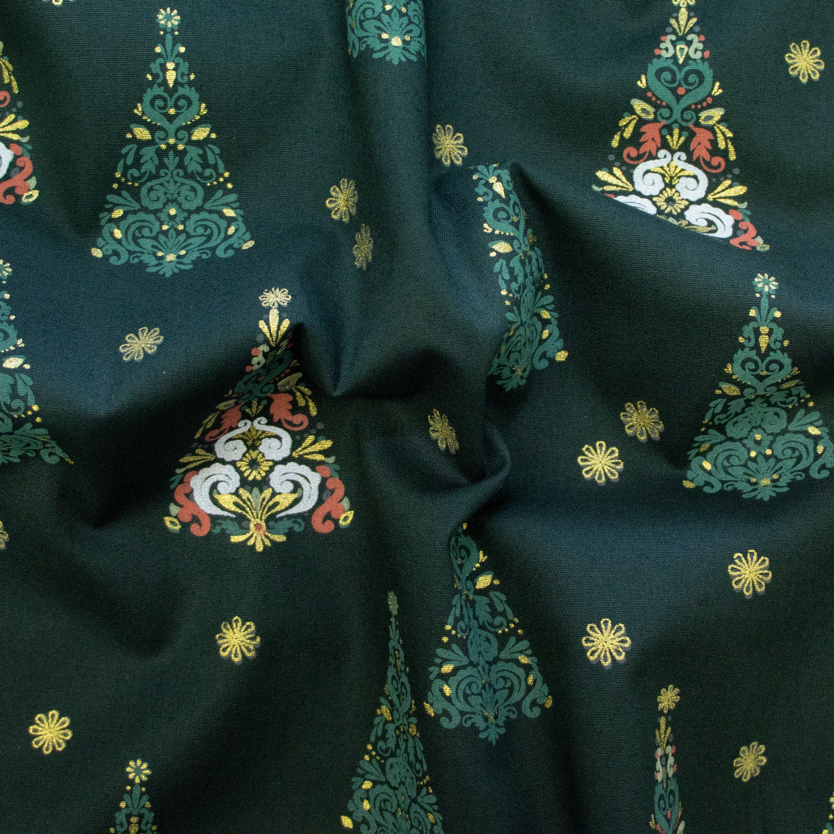 Webware Baumwolle Popeline mit Foliendruck - Tannenbäume - Dunkelgrün