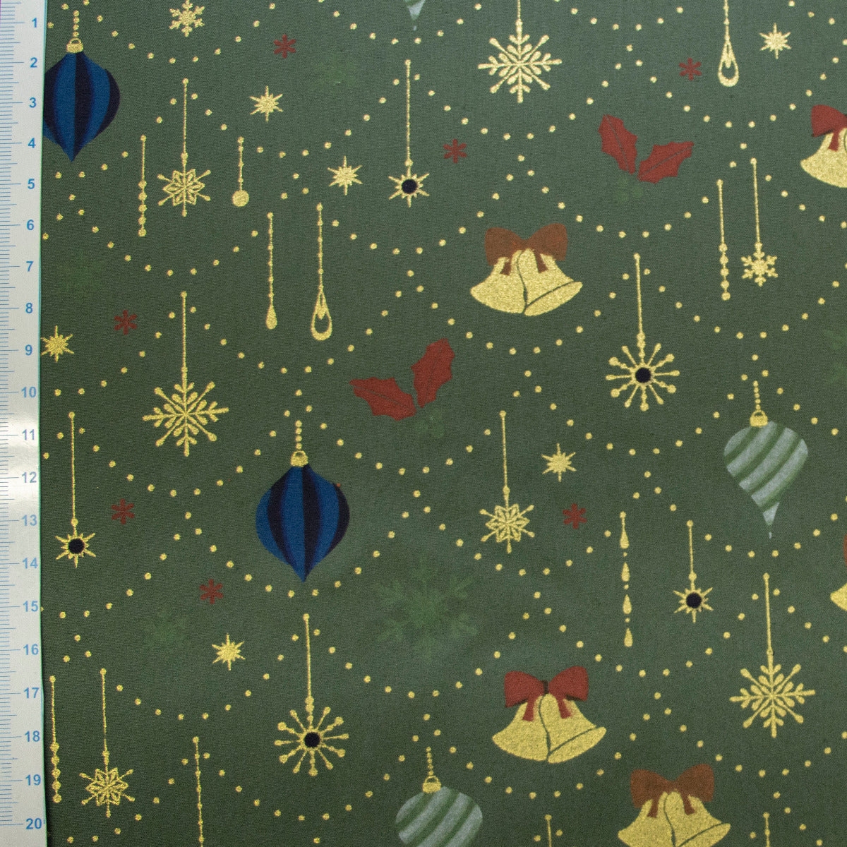 Webware Baumwolle Popeline mit Foliendruck - Weihnachtskugeln - Olivgrün