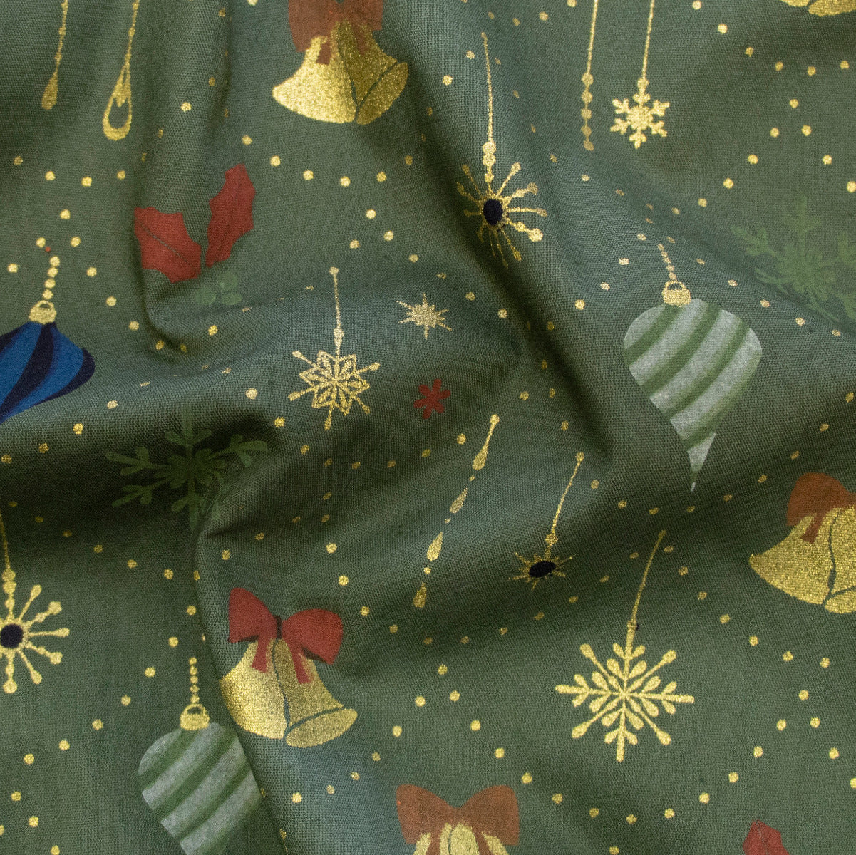 Webware Baumwolle Popeline mit Foliendruck - Weihnachtskugeln - Olivgrün