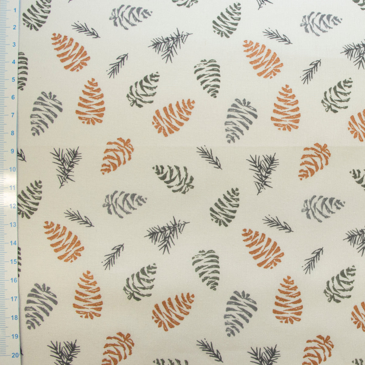 Webware Baumwolle Popeline mit Foliendruck - Tannenzapfen - Wollweiß