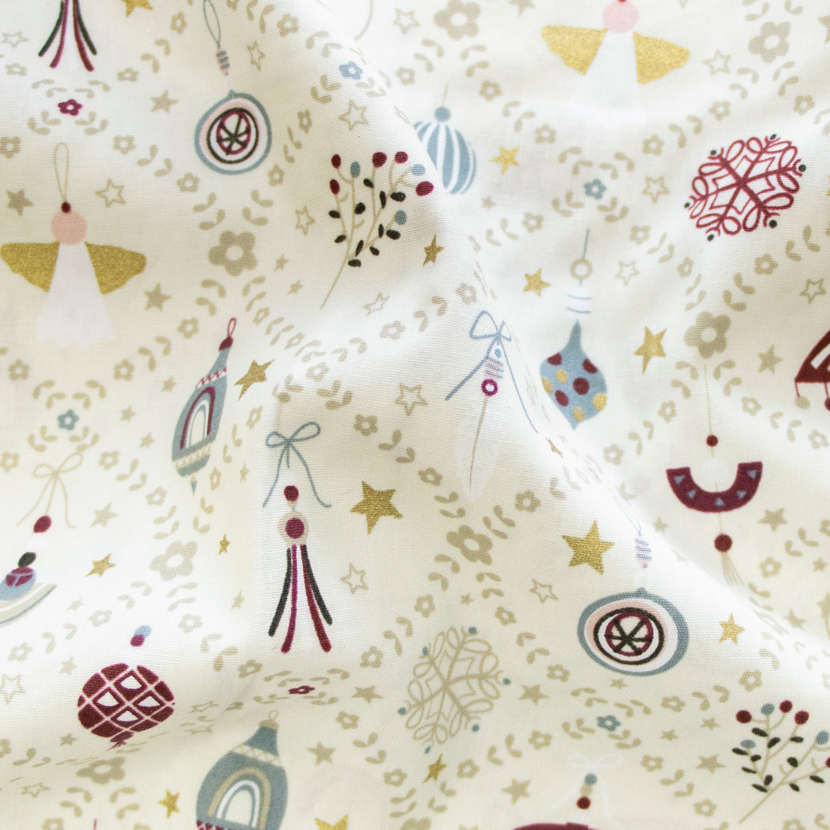 Webware Baumwolle Popeline mit Foliendruck - Weihnachtsschmuck - Wollweiß