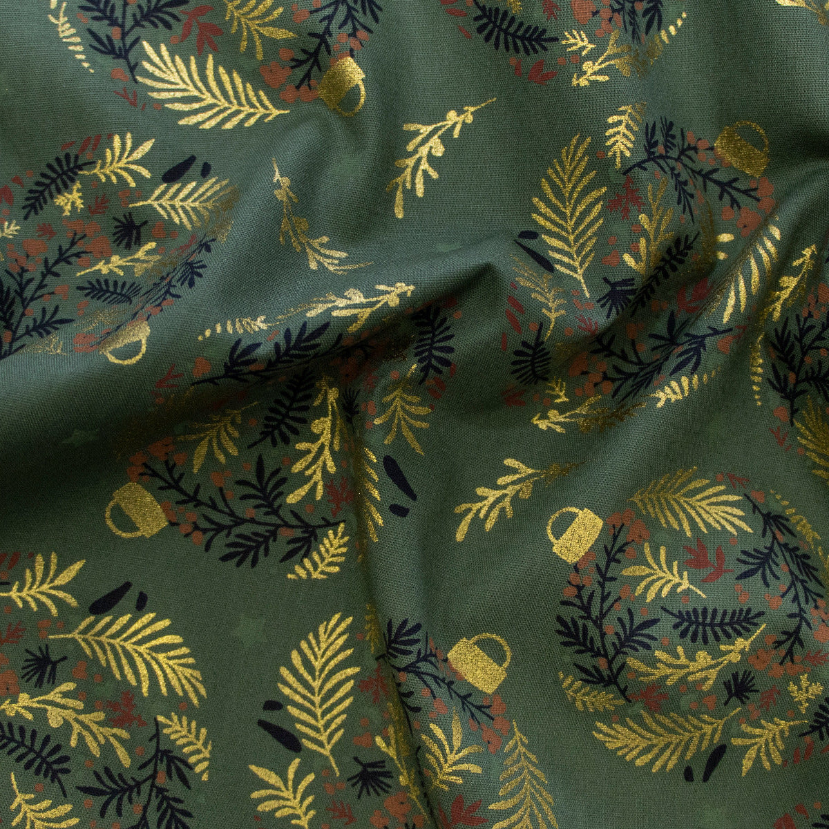 Webware Baumwolle Popeline mit Foliendruck - Weihnachtskugeln - Olivgrün