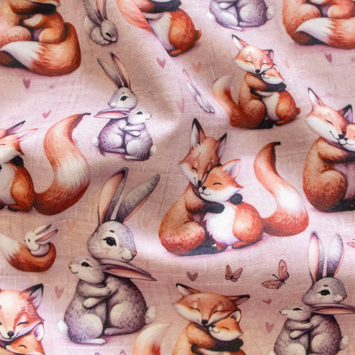 Jackenstoff mit Fleece - Innenseite Digitaldruck - süße Füchse und Häschen - rosa