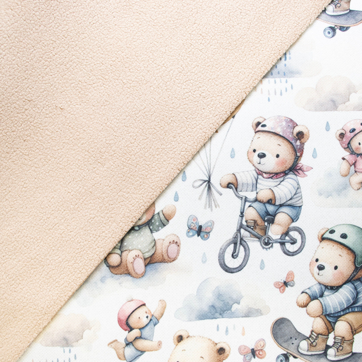 Jackenstoff mit Fleece - Innenseite Digitaldruck - süße Bärchen - weiß