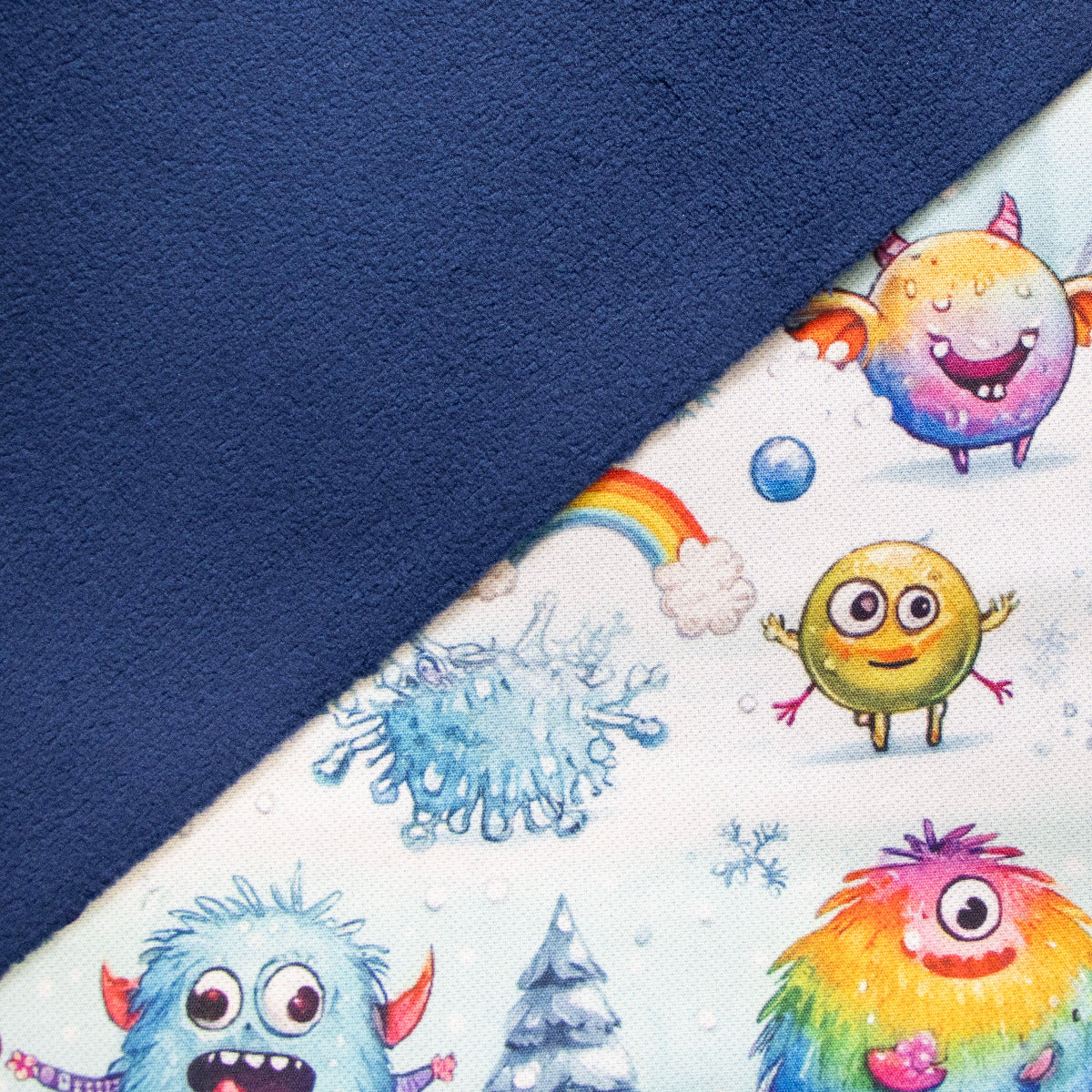 Jackenstoff mit Fleece - Innenseite Digitaldruck - verrückte Monster - hellblau