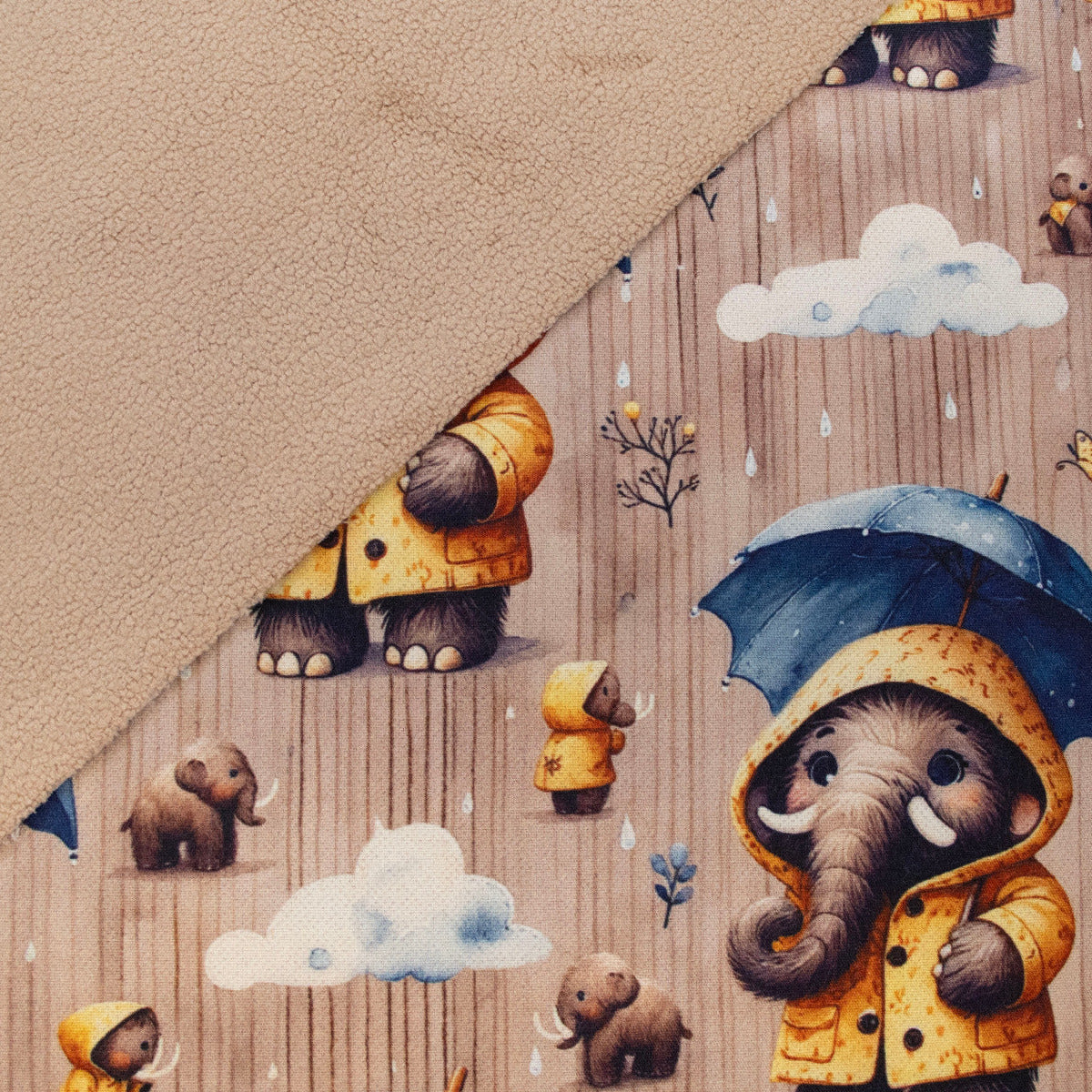 Jackenstoff mit Fleece - Innenseite Digitaldruck - süße Mammuts - braun