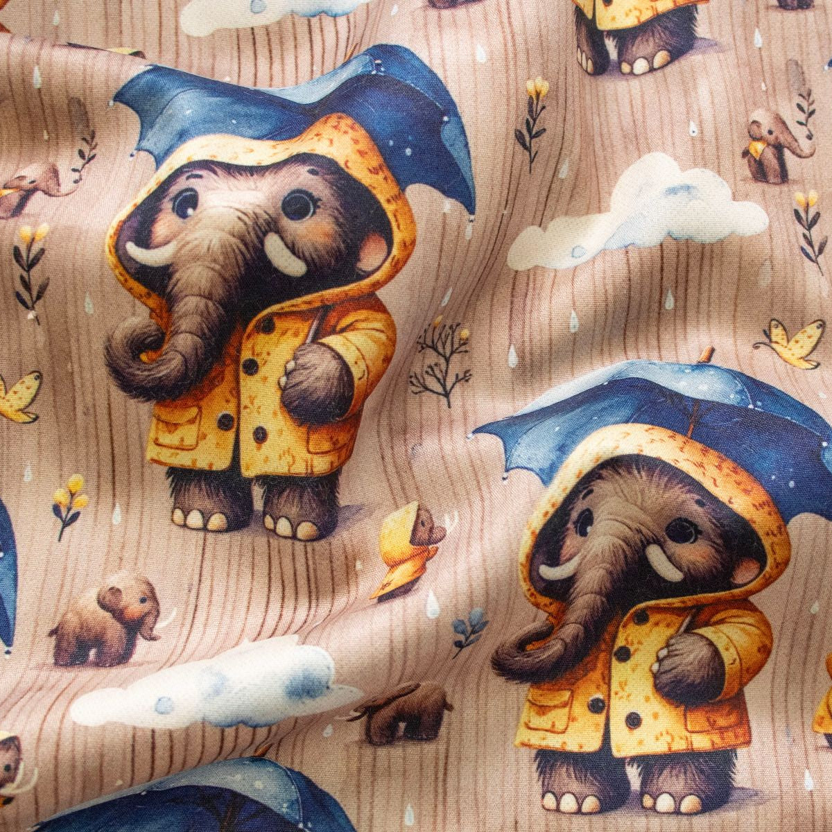 Jackenstoff mit Fleece - Innenseite Digitaldruck - süße Mammuts - braun