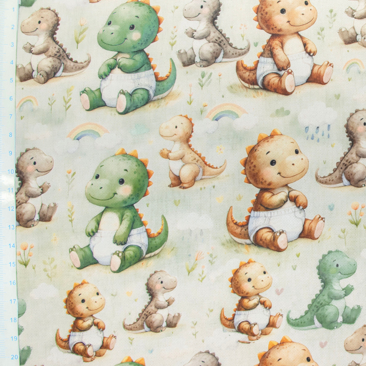 Jackenstoff mit Fleece - Innenseite Digitaldruck - süße Dinos - Hellgrün