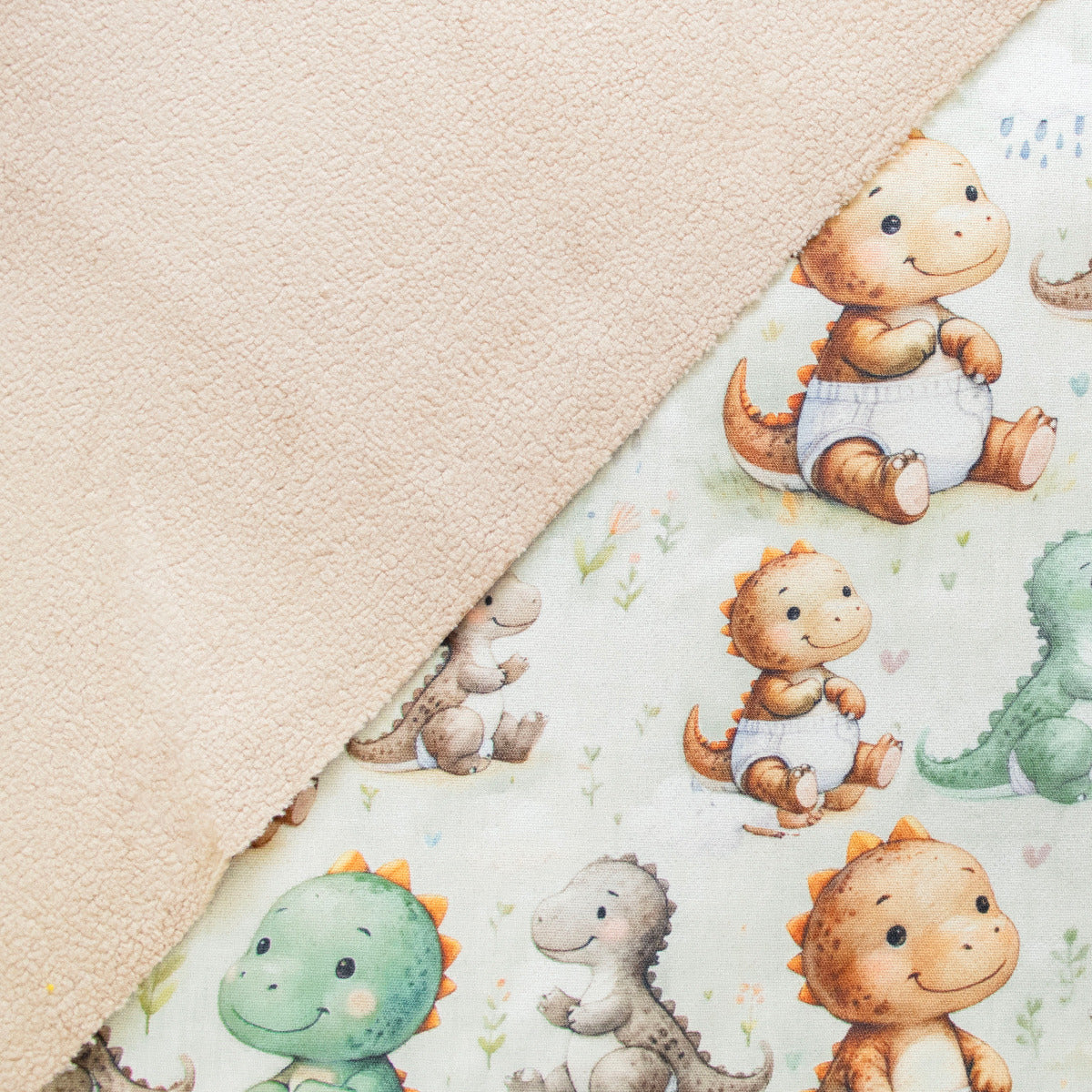 Jackenstoff mit Fleece - Innenseite Digitaldruck - süße Dinos - Hellgrün