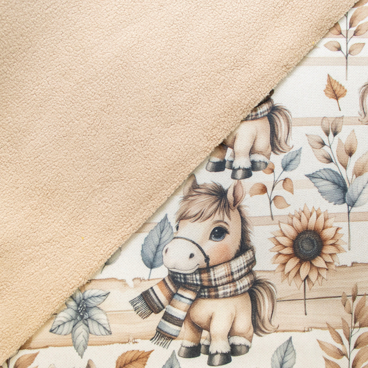 Jackenstoff mit Fleece - Innenseite Digitaldruck - süße Pferdchen - weiß