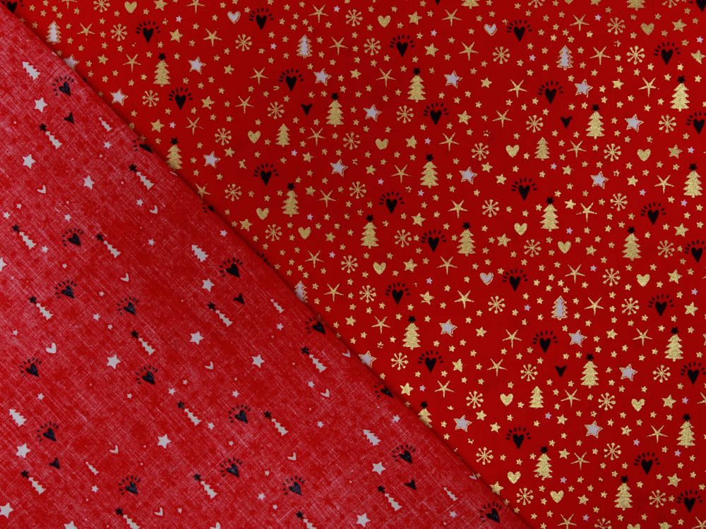 Webware Baumwolle Popeline mit Foliendruck - Weihnachtsbäume und Sterne