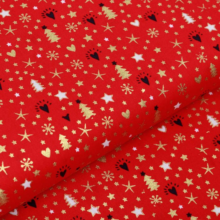 Webware Baumwolle Popeline mit Foliendruck - Weihnachtsbäume und Sterne