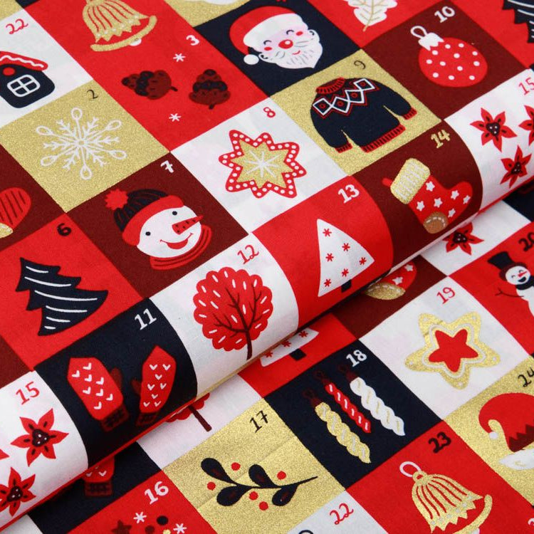 Webware Baumwolle Popeline mit Foliendruck - Weihnachtliche Figuren auf Karos