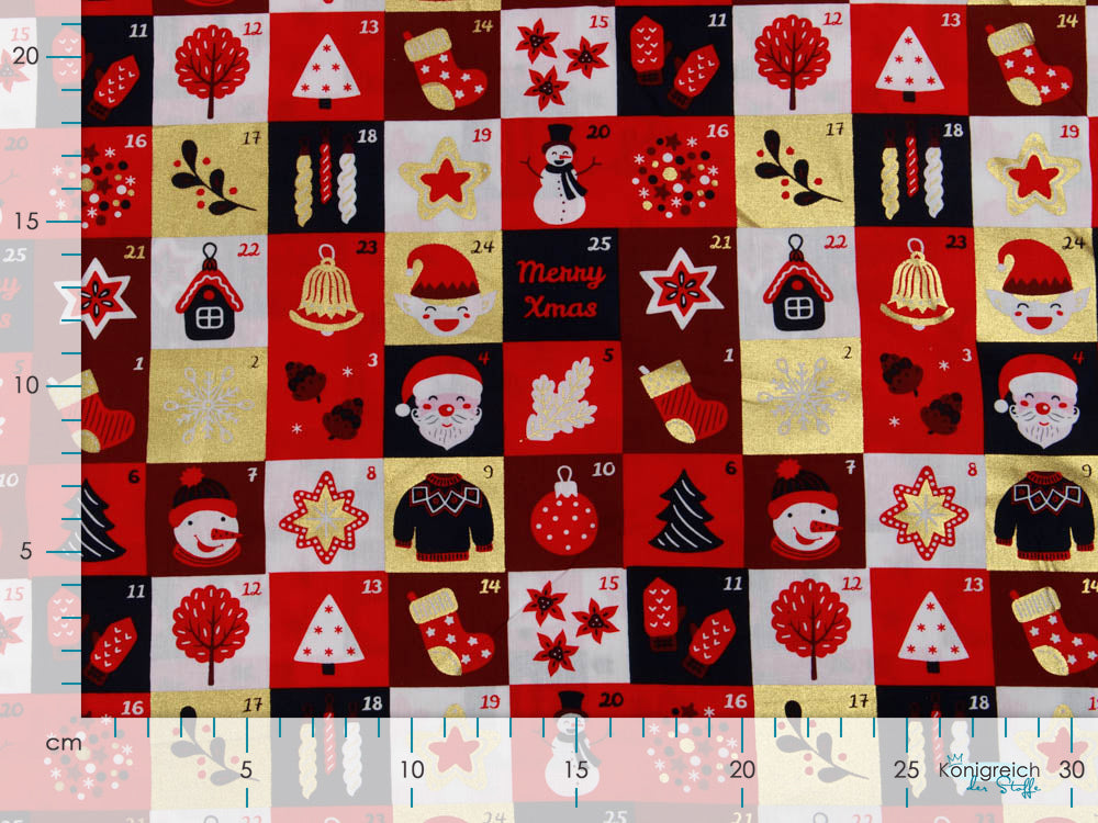 Webware Baumwolle Popeline mit Foliendruck - Weihnachtliche Figuren auf Karos