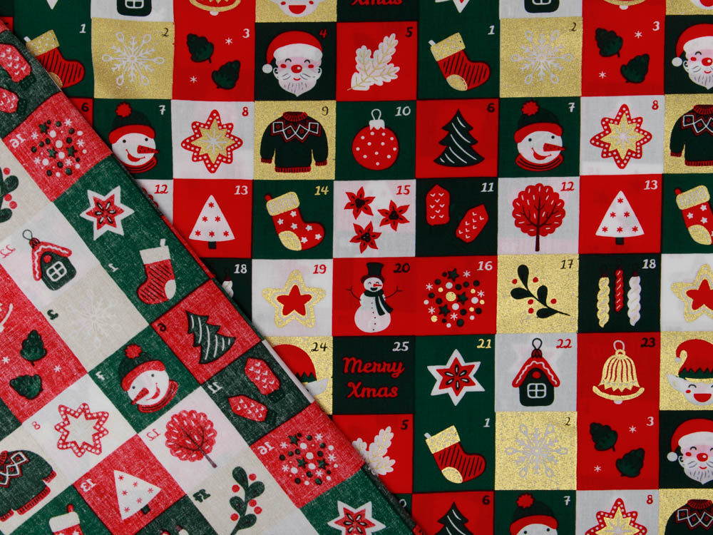 Webware Baumwolle Popeline mit Foliendruck - Weihnachtliche Figuren auf Karos