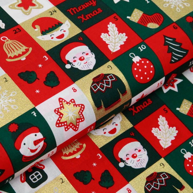 Webware Baumwolle Popeline mit Foliendruck - Weihnachtliche Figuren auf Karos