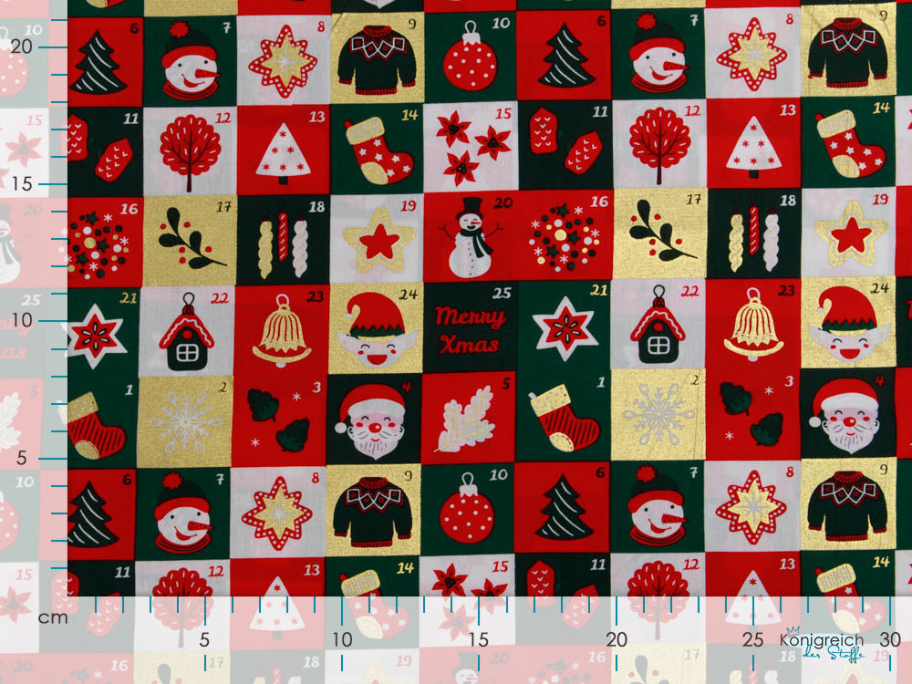 Webware Baumwolle Popeline mit Foliendruck - Weihnachtliche Figuren auf Karos