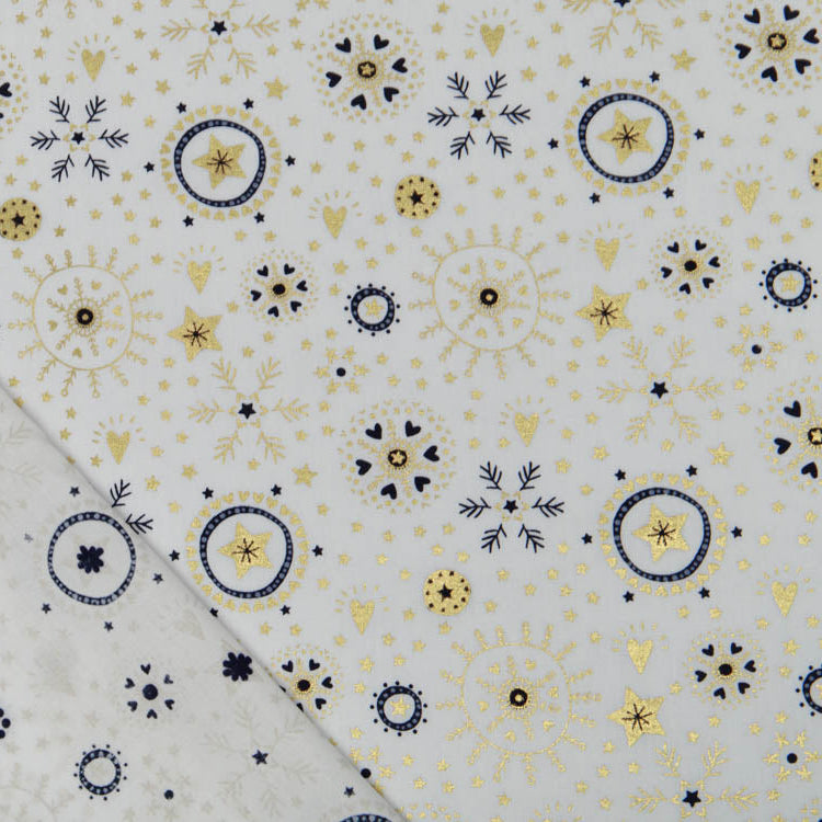 Webware Baumwolle Popeline mit Foliendruck - Weihnachtliche Kristalle und Herzen - wollweiß