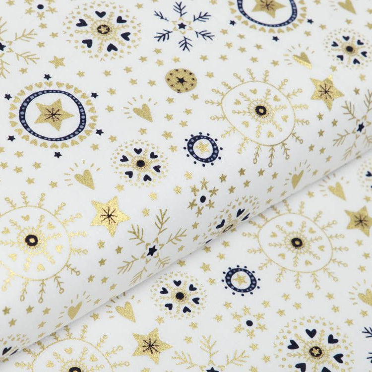 Webware Baumwolle Popeline mit Foliendruck - Weihnachtliche Kristalle und Herzen - wollweiß