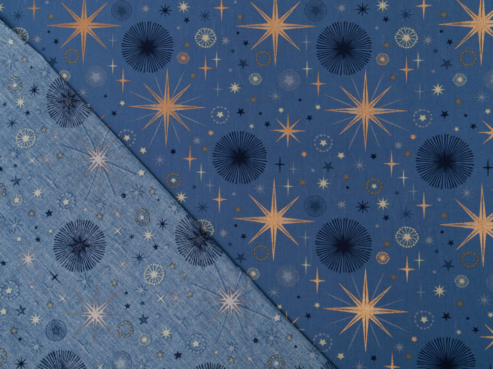 Webware Baumwolle Popeline mit Foliendruck - funkelnde Weihnachtssterne